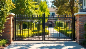Admire these custom steel gates enhancing security and beauty in a serene residential setting.