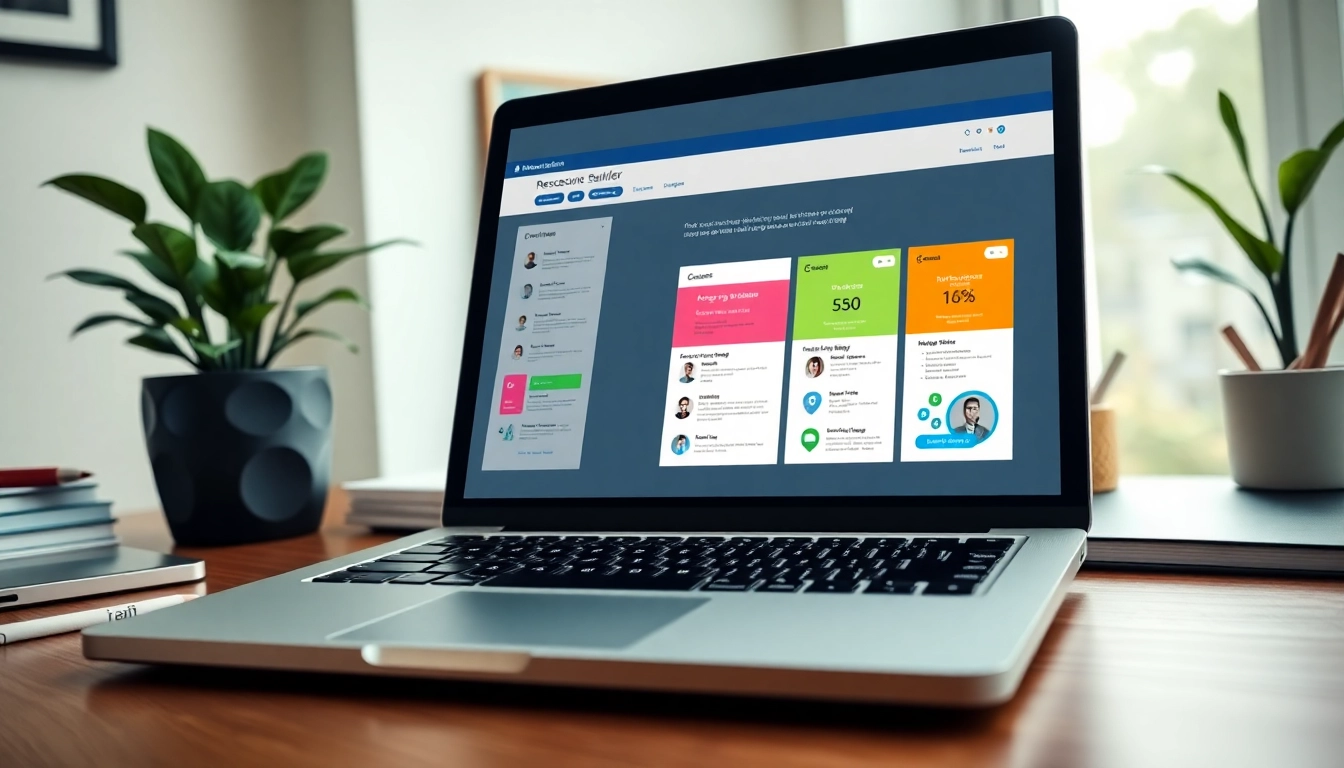 Create a standout Resume Builder with customizable templates displayed on a laptop in a stylish home office.