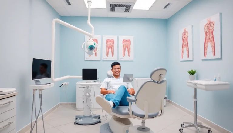 dental implant services in putrajaya with a modern dental clinic interior featuring advanced technology and a friendly dentist.