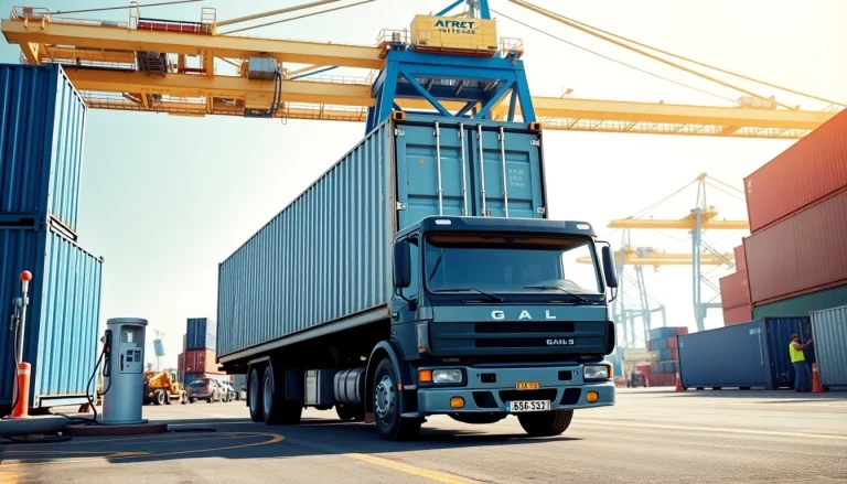 Moving shipping containers via drayage truck at a busy port with operational cranes.