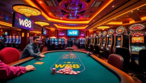 Trải nghiệm cảm giác cá cược đầy phấn khích với Liên kết truy cập W88 được hiển thị trong một casino sang trọng đầy phấn khích.