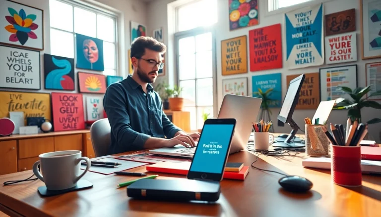 Showcase a creator using a paid link in bio for creators on their smartphone in a vibrant studio.