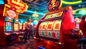 Permainan slot demo mahjong yang menarik dengan simbol mahjong berwarna cerah di mesin slot.