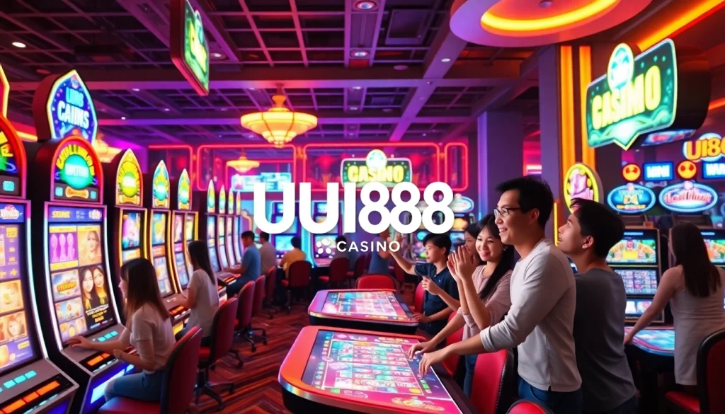 Exciting gameplay at UU88 Casino featuring vibrant slot machines and engaging players.