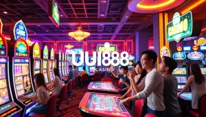 Exciting gameplay at UU88 Casino featuring vibrant slot machines and engaging players.