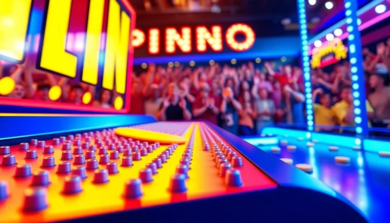 Permainan plinko yang mendebarkan dengan disc berwarna cerah jatuh di papan penuh pin.