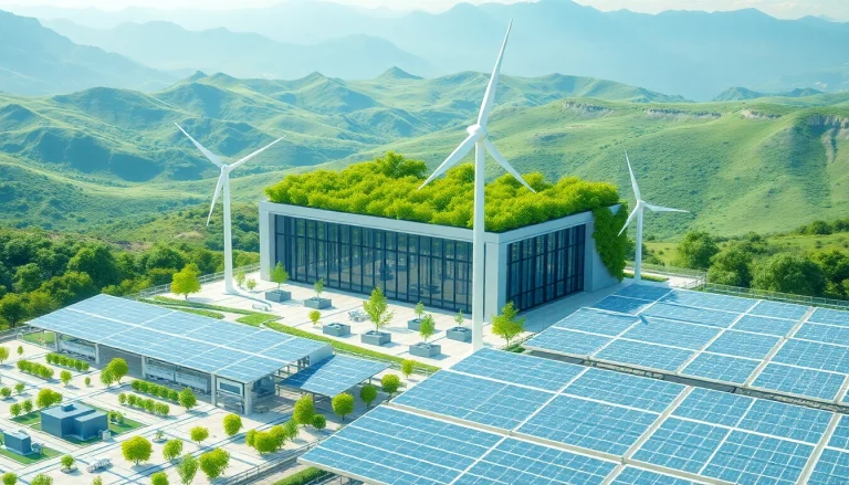 Cloud mining site showcasing advanced renewable energy technologies and AI-driven operations for sustainable cryptocurrency mining.