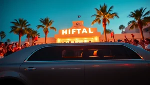 World Cup Group Transportation with a luxurious limousine outside a high-end hotel in Los Angeles, showcasing excited fans.