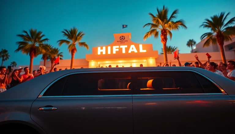 World Cup Group Transportation with a luxurious limousine outside a high-end hotel in Los Angeles, showcasing excited fans.