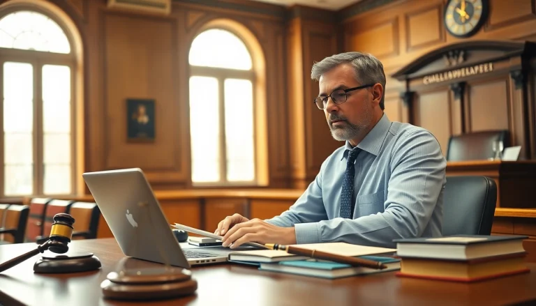 Professional courtroom scene featuring a soudní překladatel translating legal documents.