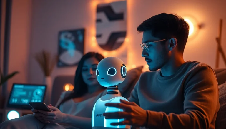 An intimate scene illustrating a couple interacting with a futuristic AI companion, emphasizing ai sex and technological connection.