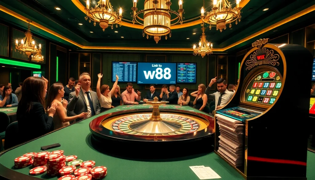 Experience thrilling casino action with link to w88 amidst poker chips and a roulette table.