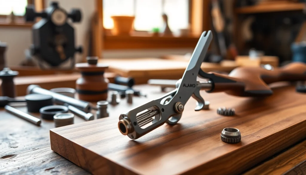 Alamo trigger highlighted with precision components and warm workshop ambiance.