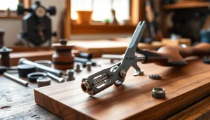 Alamo trigger highlighted with precision components and warm workshop ambiance.