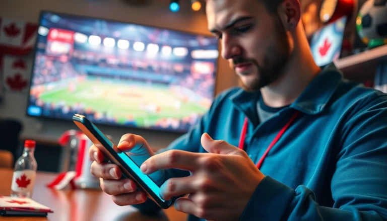Engaging with sports betting apps Canada on a smartphone surrounded by lively sports memorabilia.