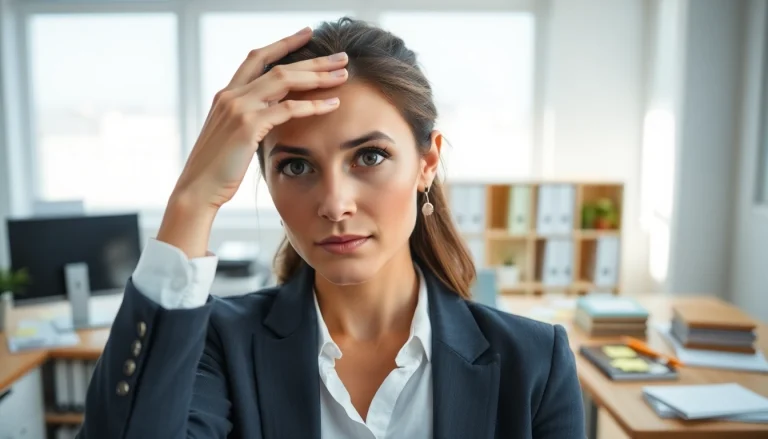Woman experiencing brain fog holds her head in contemplation amidst a cluttered desk.
