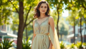 Model showcasing elegant Rivelle dress in a vibrant urban setting, blending fashion and lifestyle.