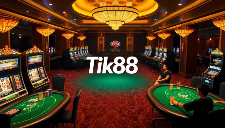 Cảnh sòng bạc Tik88 đầy hứng khởi với bàn cược sống động, máy đánh bạc và các ván bài poker.