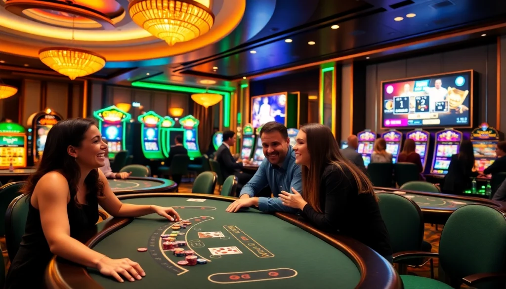 Exciting atmosphere of online casinos Canada with players enjoying games at tables.