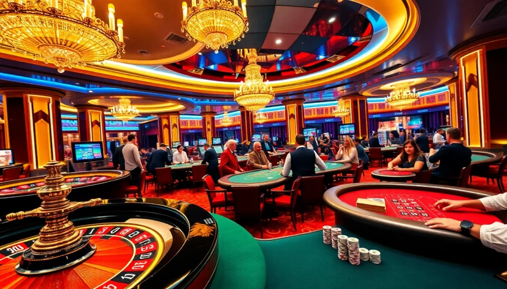 Gambling excitement at https://rr88.wales/ with players enjoying high-stakes games at a luxurious casino.