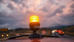 Warnleuchte V16 leuchtet hell in der Dämmerung auf einem Fahrzeugdach.