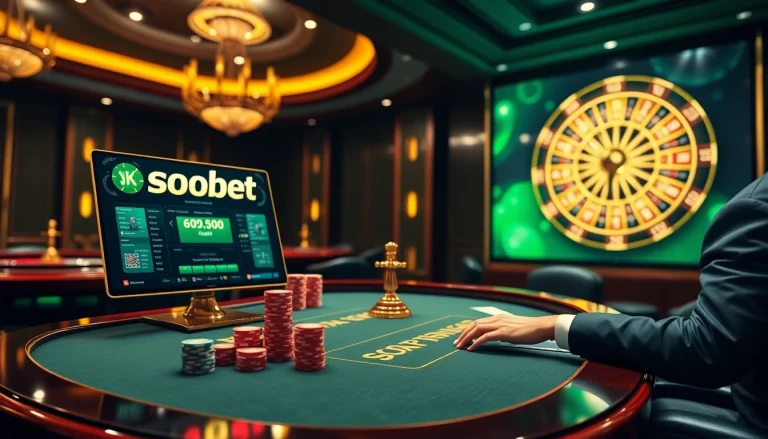 Experience llink alternatif sbobet with a vibrant online betting scene showcasing poker chips and roulette.