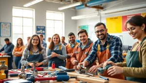 Students collaborating at an abc trade school workshop, embodying teamwork and creativity.