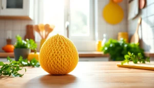 Kitchen loofah scrubber resting on a wooden counter surrounded by vibrant kitchen elements.