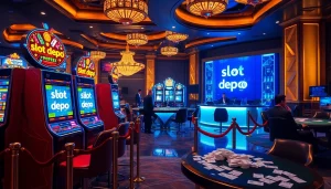 Experience the excitement of slot depo 5rb at a luxurious casino, filled with vibrant lights and eager players.