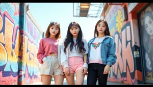 Blackpink members Jisoo, Jennie, Rosé, and Lisa showcasing their unique styles together against a colorful backdrop.