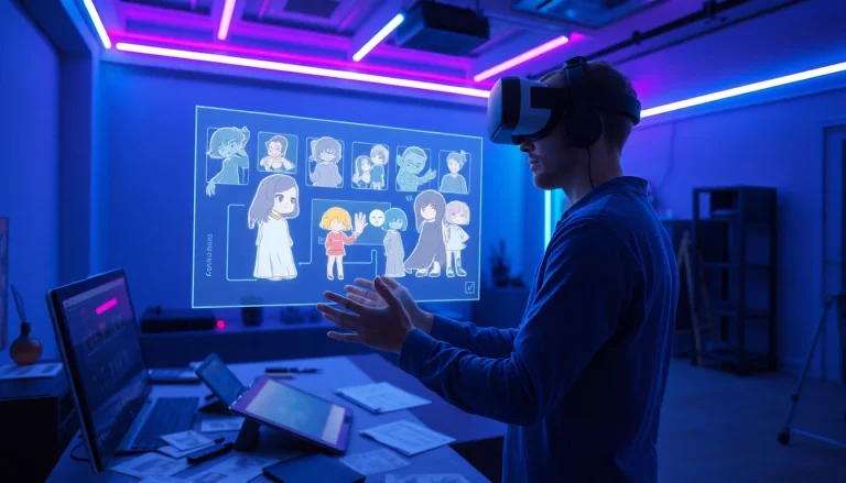 AI NSFW content creation tool in a modern virtual studio with digital artist.