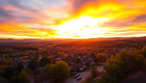 Clarksburg scenic landscape at sunset showcasing charming houses and nature.