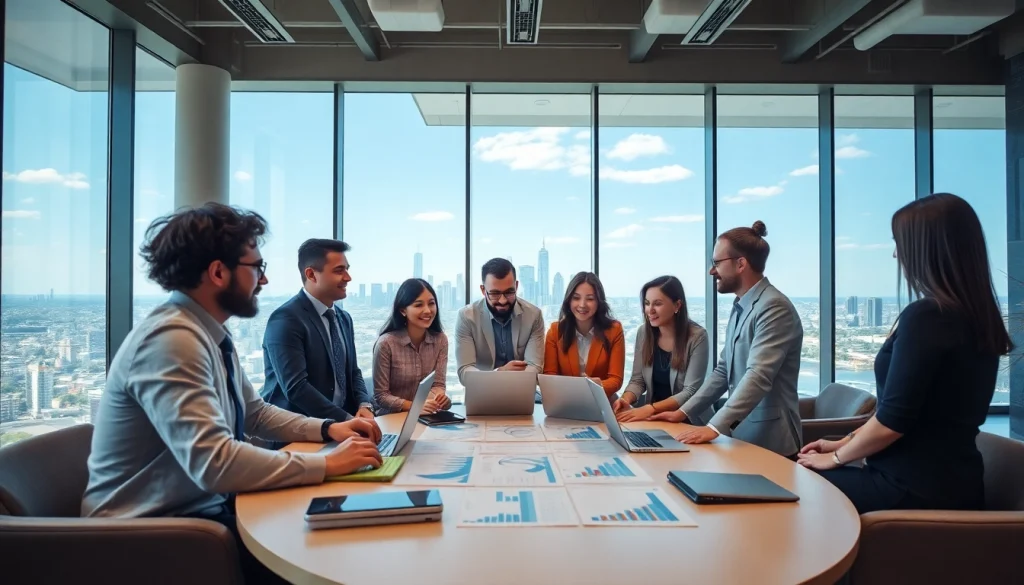 Illustrating growth strategy trends, a diverse team collaborates in a modern office environment.