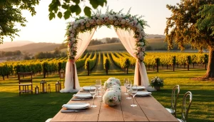 Beautiful outdoor Clarksburg Wedding Venues setting with floral decorations and elegant table arrangements.