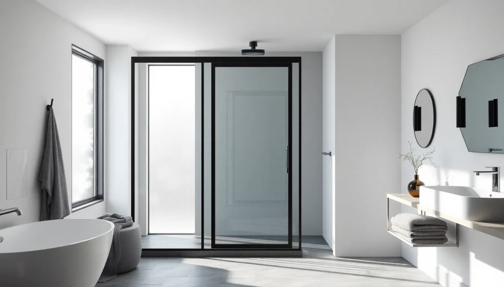 Stylish bathroom featuring a shower door black frame with modern design and natural lighting.