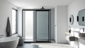 Stylish bathroom featuring a shower door black frame with modern design and natural lighting.