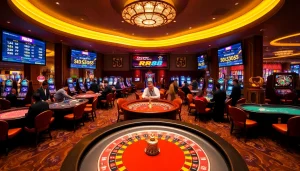 Exciting gaming action at RR88 casino with poker tables and slot machines.