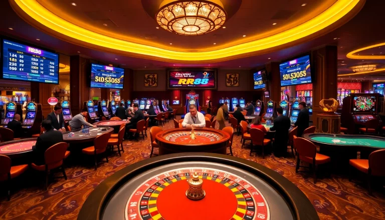 Exciting gaming action at RR88 casino with poker tables and slot machines.