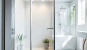 Modern shower screen door featured prominently in a stylish bathroom setup.