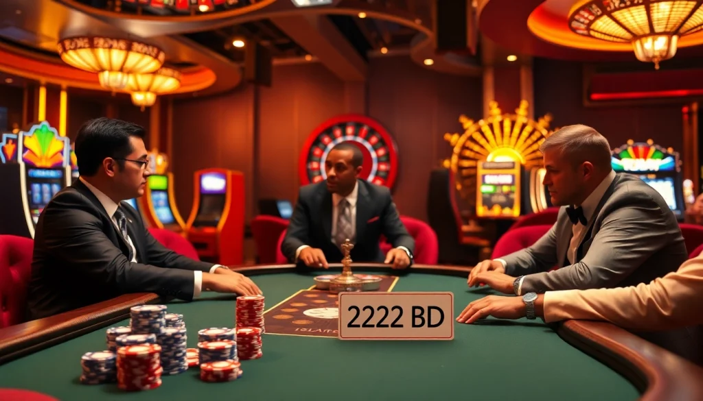 Players enjoy a thrilling poker game at 222BD casino with vibrant chips and cards.