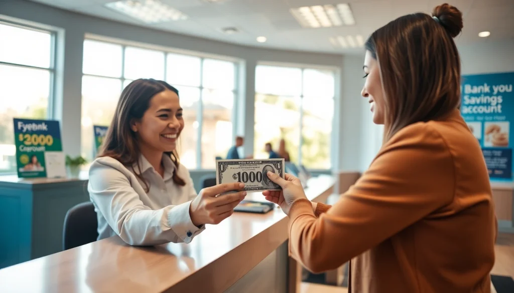 Menyetorkan deposit 1k uang tunai di bank dengan suasana ramah.