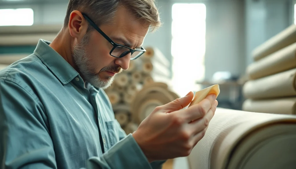 Inspecting badstof per meter for quality in a textile workshop.