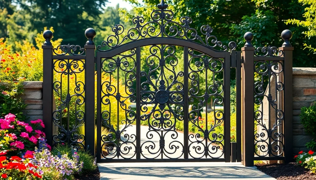 Custom steel gates designed with intricate patterns showcase durability and elegance in a lush garden setting.