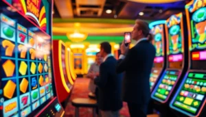 Joker slot depo 1k dengan mesin slot berwarna cerah dan pemain yang bersemangat