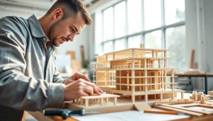 Architekturmodellbau Mainz präsentiert detaillierte Modelle in einem kreativen Atelier.