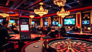 Experience the thrill of sbobet login terbaru as players engage in online betting at a luxurious casino.