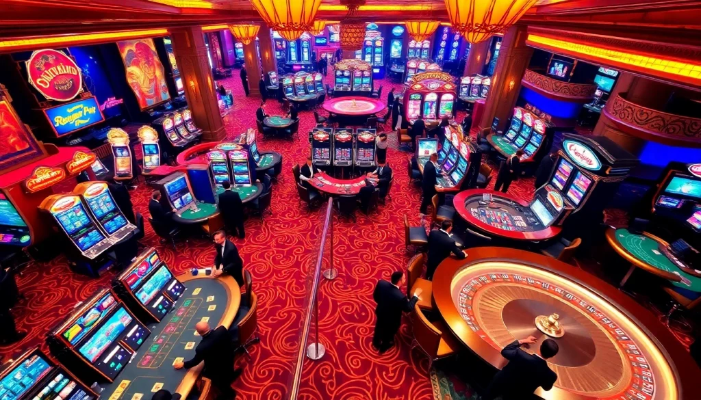 Exciting casino floor atmosphere highlighting games related to https://kk55.global/, showcasing vibrant action and luxury.