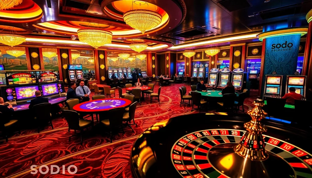 SODO CASINO features lively gameplay with vibrant slots, poker, and roulette, showcasing an exciting gambling atmosphere.