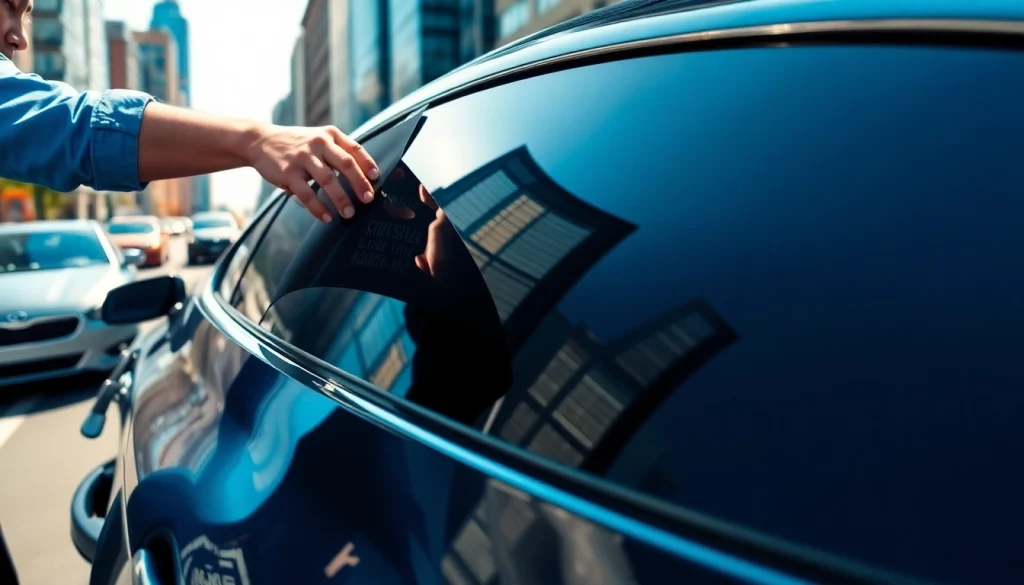 Enhance your vehicle with professional auto window tint near me, showcasing sleek applications and vibrant city life.