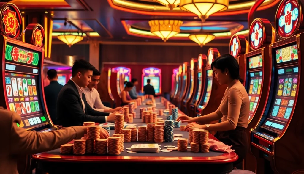 Experience the excitement of slot demo mahjong at a luxury casino with vibrant machines and eager players.